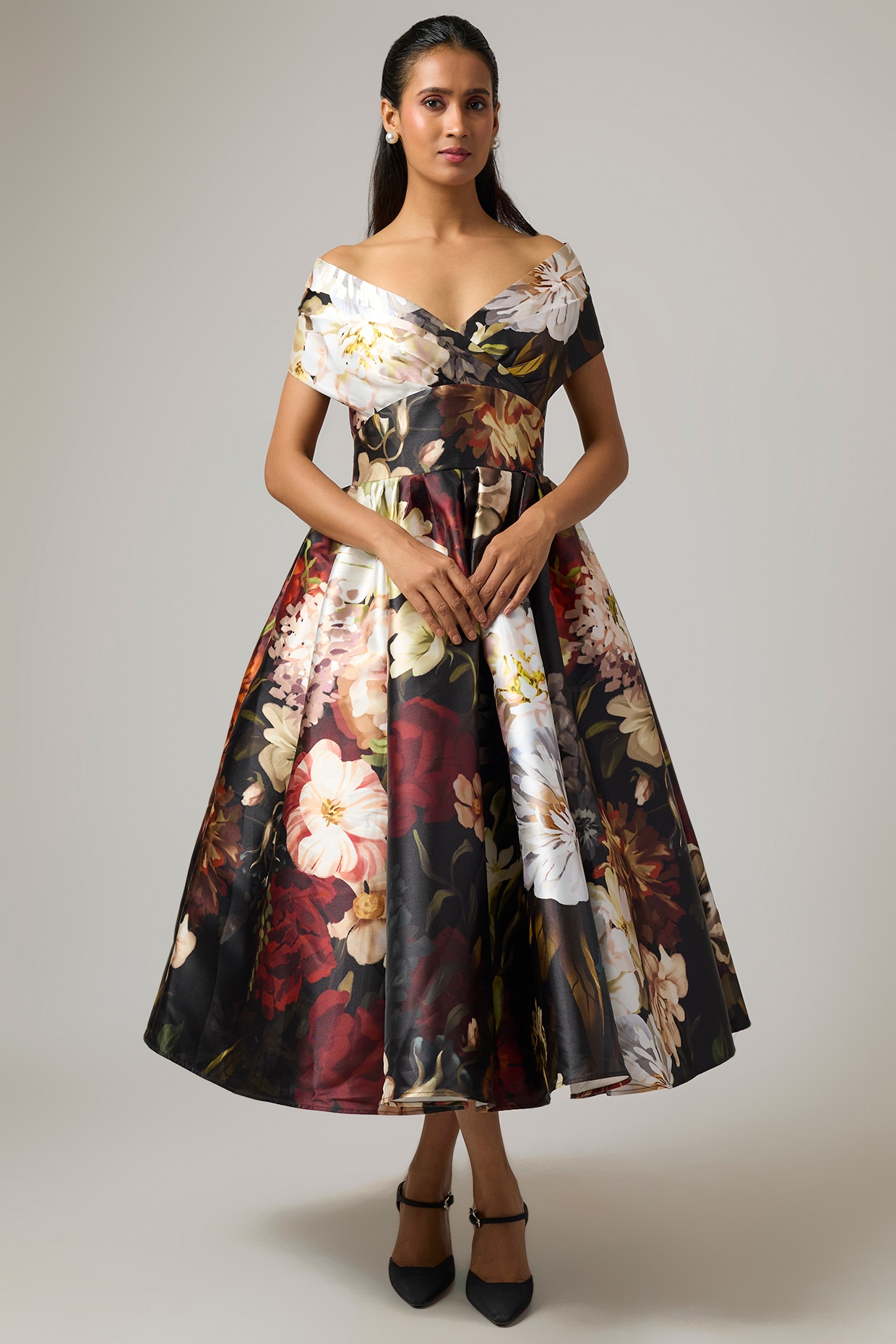 Gauri And Nainika Black Mikado Draped Off-Shoulder Midi Dress