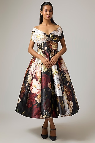 Black Mikado Draped Off-Shoulder Midi Dress by Gauri And Nainika