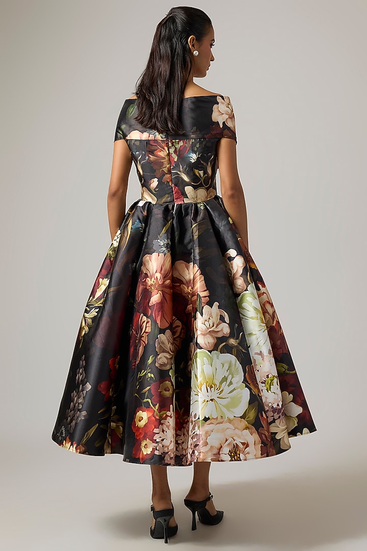 Black Mikado Draped Off-Shoulder Midi Party Wear Dress by Gauri And Nainika at Pernia's Pop Up Shop