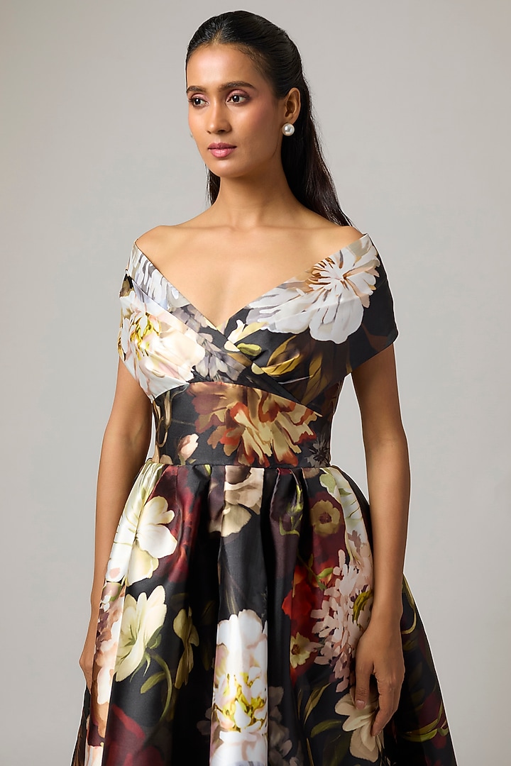 Black Mikado Draped Off-Shoulder Midi Party Wear Dress by Gauri And Nainika at Pernia's Pop Up Shop