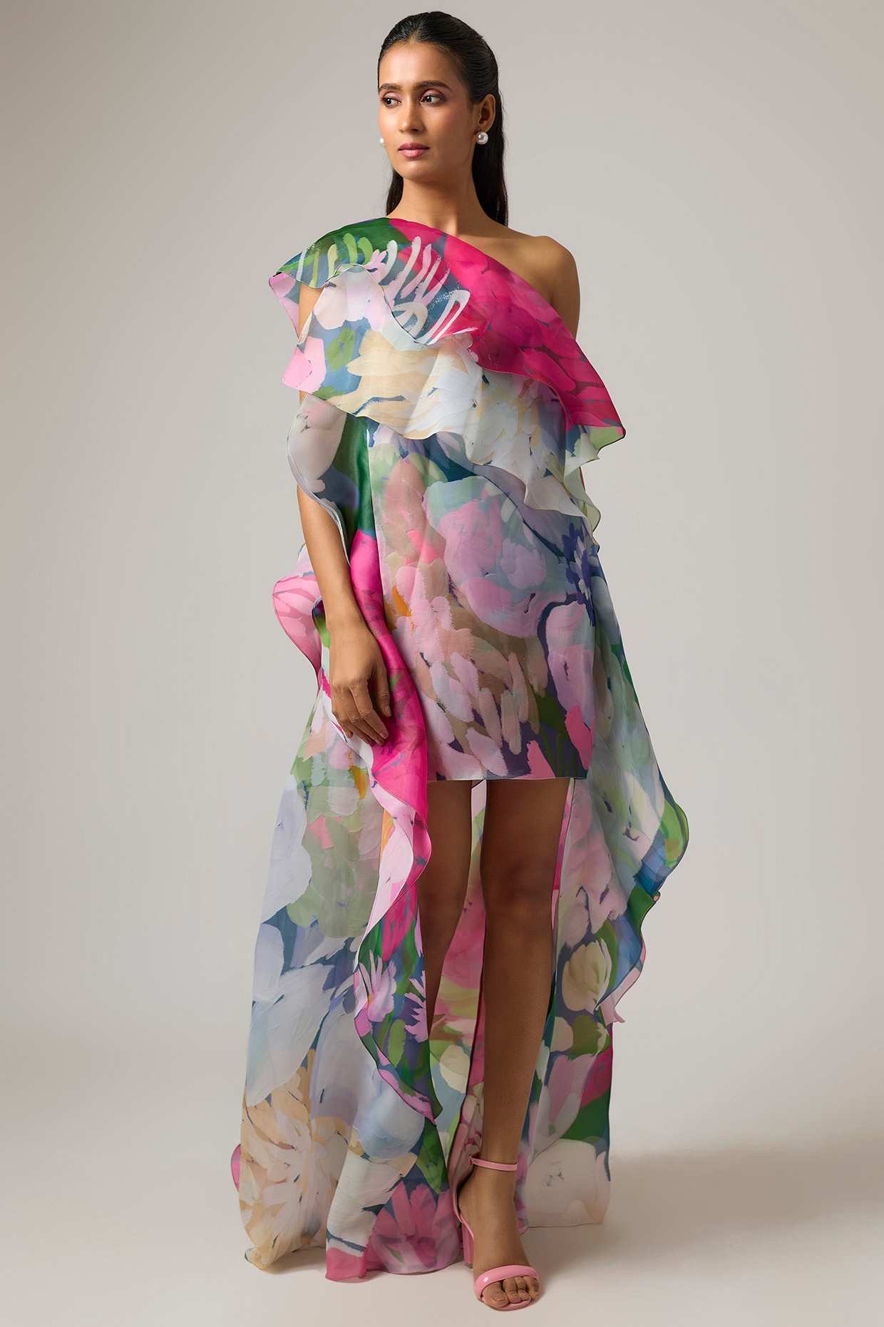 Gauri And Nainika Ivory Organza One-Shoulder Dress