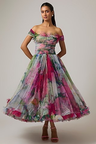 Multi-Colored Net Corset Dress by Gauri And Nainika