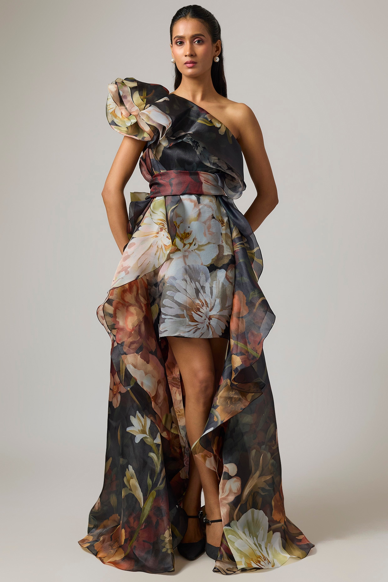 Gauri And Nainika Multi-Colored Organza Ruffled One-Shoulder Dress
