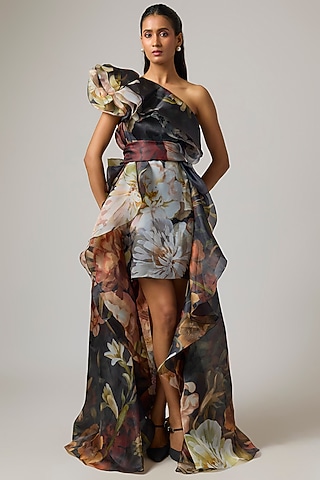 Multi-Colored Organza Ruffled One-Shoulder Dress by Gauri And Nainika