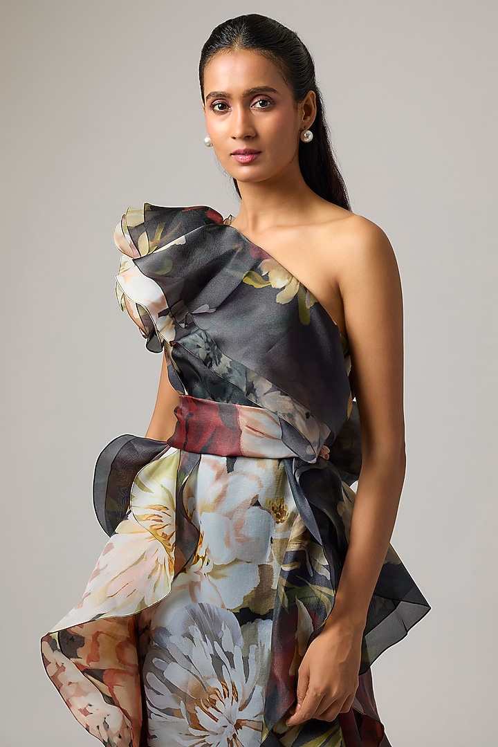 Multi-Colored Organza Ruffled One-Shoulder Party Wear Dress by Gauri And Nainika at Pernia's Pop Up Shop