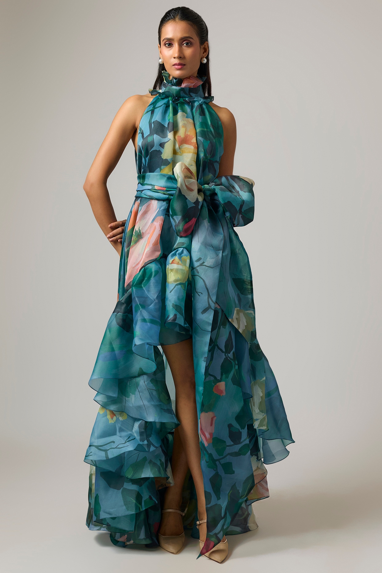 Gauri And Nainika Multi-Colored Organza Halter Trapeze Dress