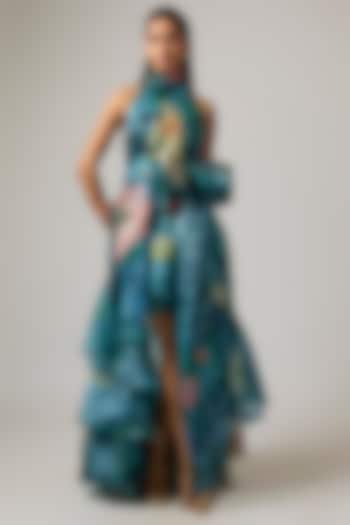 Multi-Colored Organza Halter Trapeze Party Wear Dress by Gauri And Nainika at Pernia's Pop Up Shop