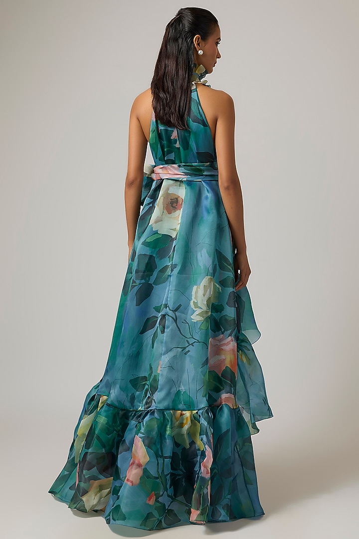 Multi-Colored Organza Halter Trapeze Party Wear Dress by Gauri And Nainika at Pernia's Pop Up Shop