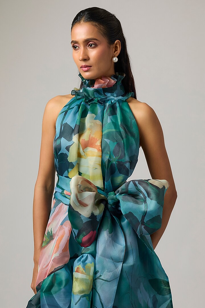 Multi-Colored Organza Halter Trapeze Party Wear Dress by Gauri And Nainika at Pernia's Pop Up Shop
