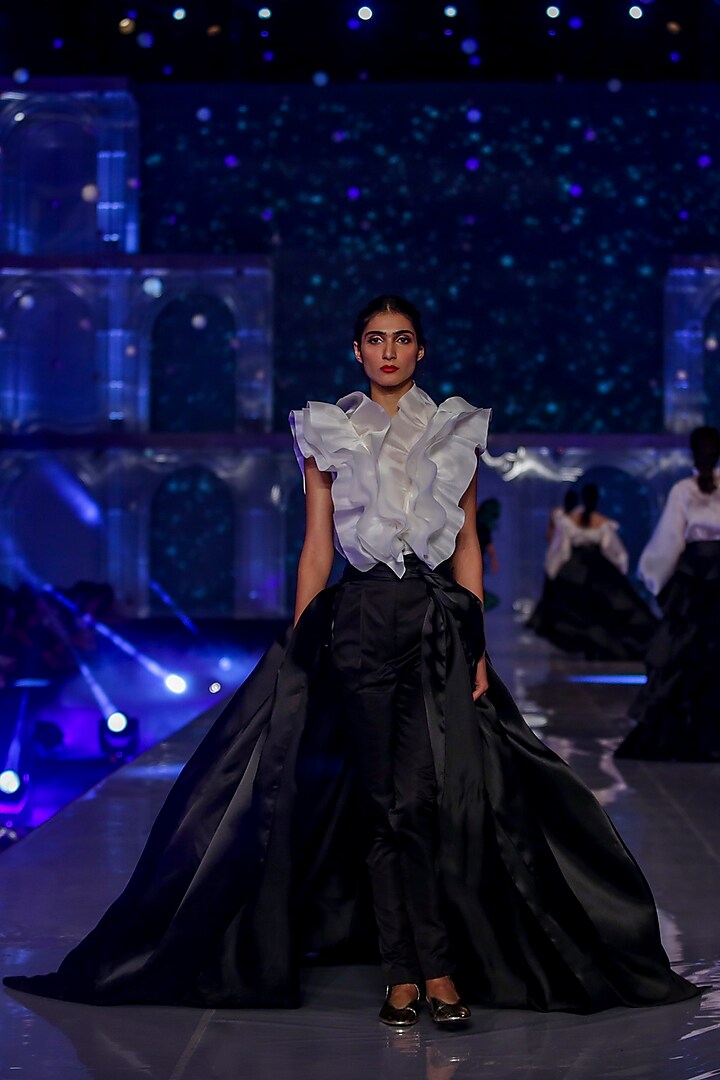 Black Satin Pants With Paper Bag Waist by Gauri and Nainika