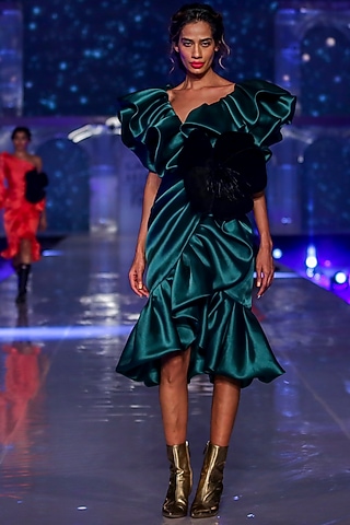 Emerald Green Organza Ruffled Layered Dress by Gauri and Nainika