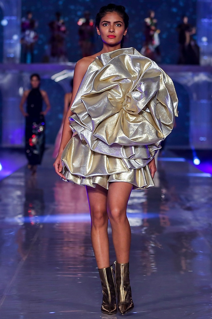 Gold Dress With Bubble Ruffles by Gauri and Nainika