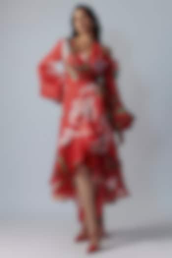 Red Organza Digital Printed Asymmetric Wrap Dress by Gauri and Nainika