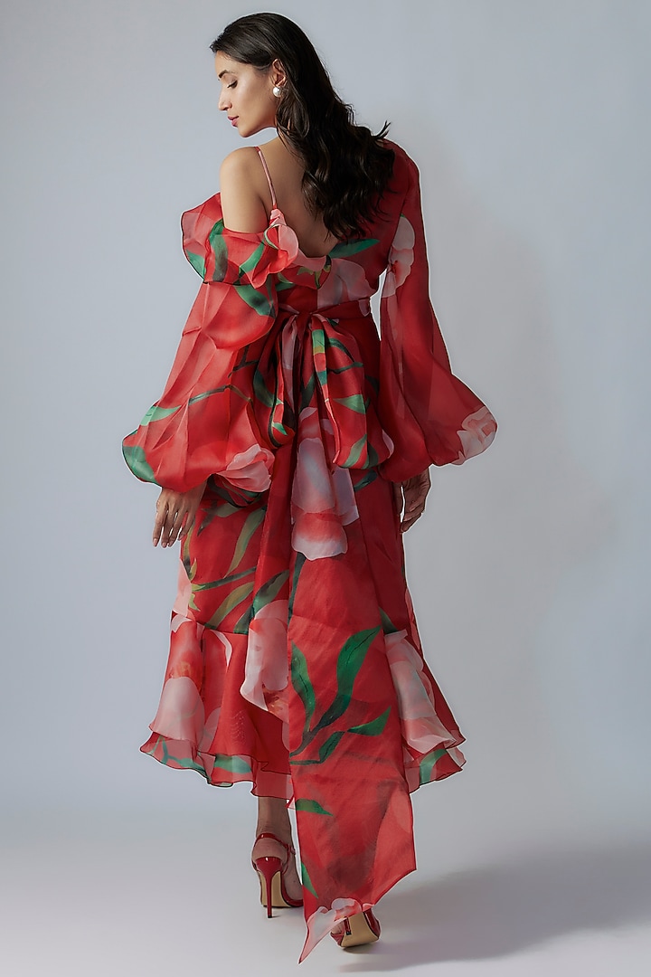 Red Organza Digital Printed Asymmetric Wrap Party Wear Dress by Gauri and Nainika at Pernia's Pop Up Shop