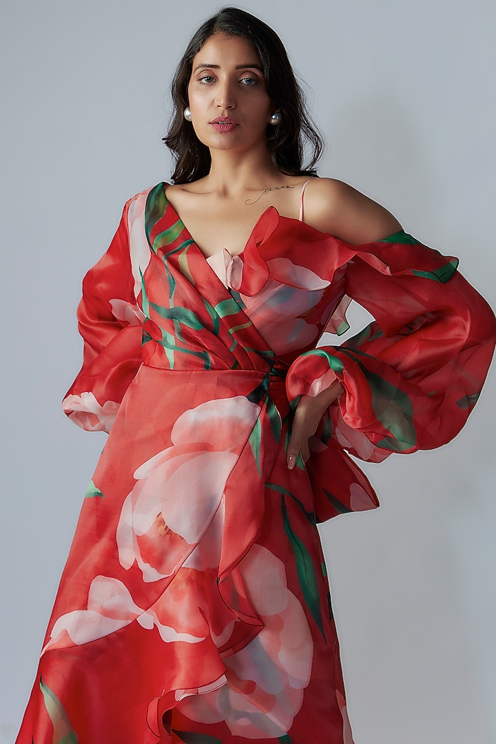 Red Organza Digital Printed Asymmetric Wrap Party Wear Dress by Gauri and Nainika at Pernia's Pop Up Shop