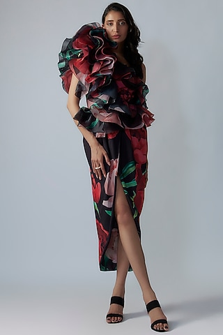 Multi-Colored French Crepe & Organza Digital Printed One-Shoulder Dress by Gauri and Nainika