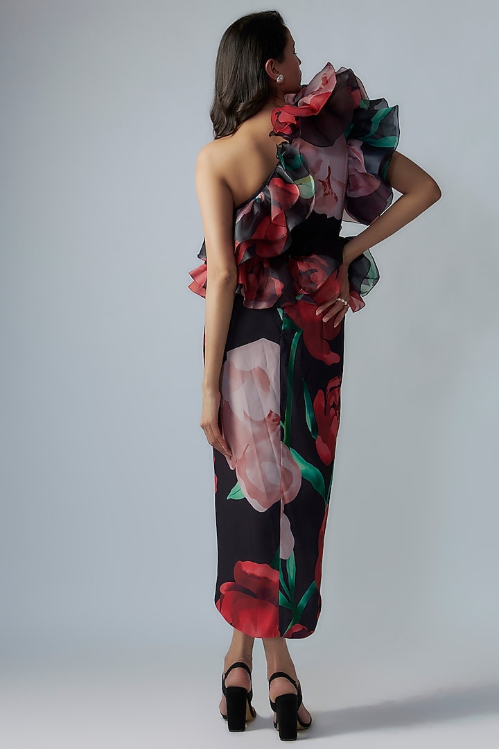 Multi-Colored French Crepe & Organza Digital Printed One-Shoulder Party Wear Dress by Gauri and Nainika at Pernia's Pop Up Shop