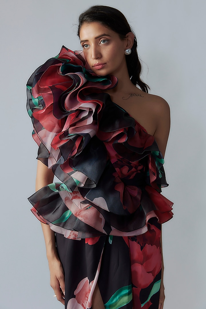 Multi-Colored French Crepe & Organza Digital Printed One-Shoulder Party Wear Dress by Gauri and Nainika at Pernia's Pop Up Shop
