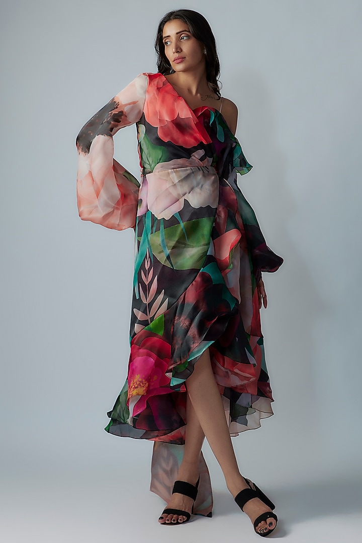 Multi-Colored Organza Asymmetric Wrap Dress by Gauri and Nainika