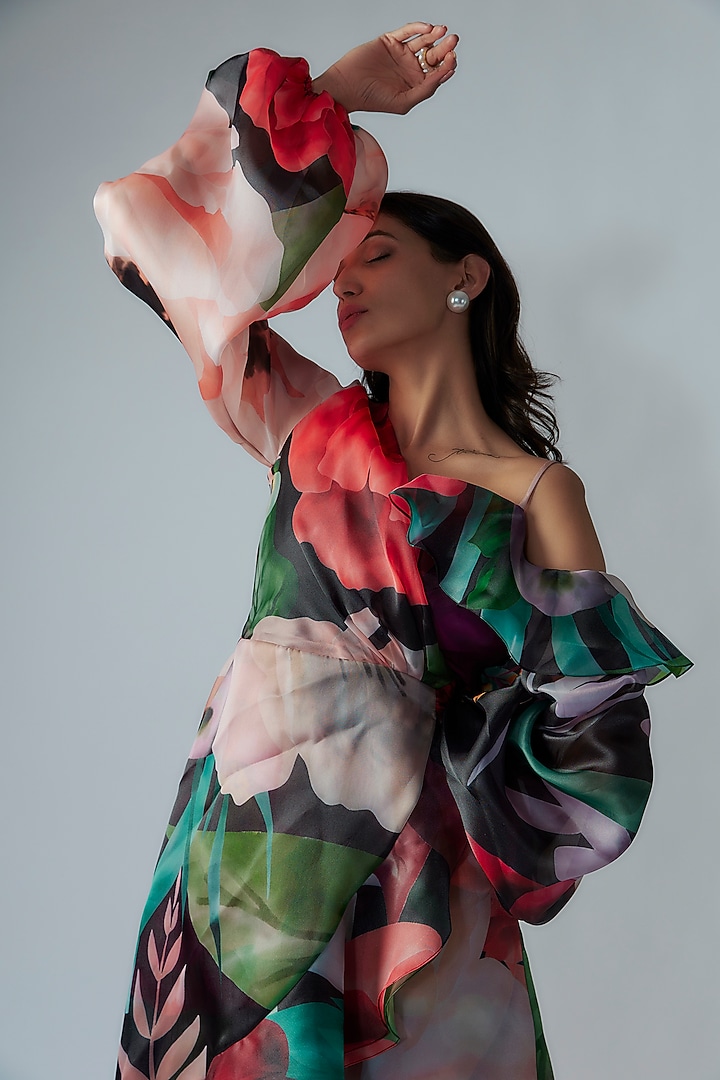 Multi-Colored Organza Asymmetric Wrap Party Wear Dress by Gauri and Nainika at Pernia's Pop Up Shop