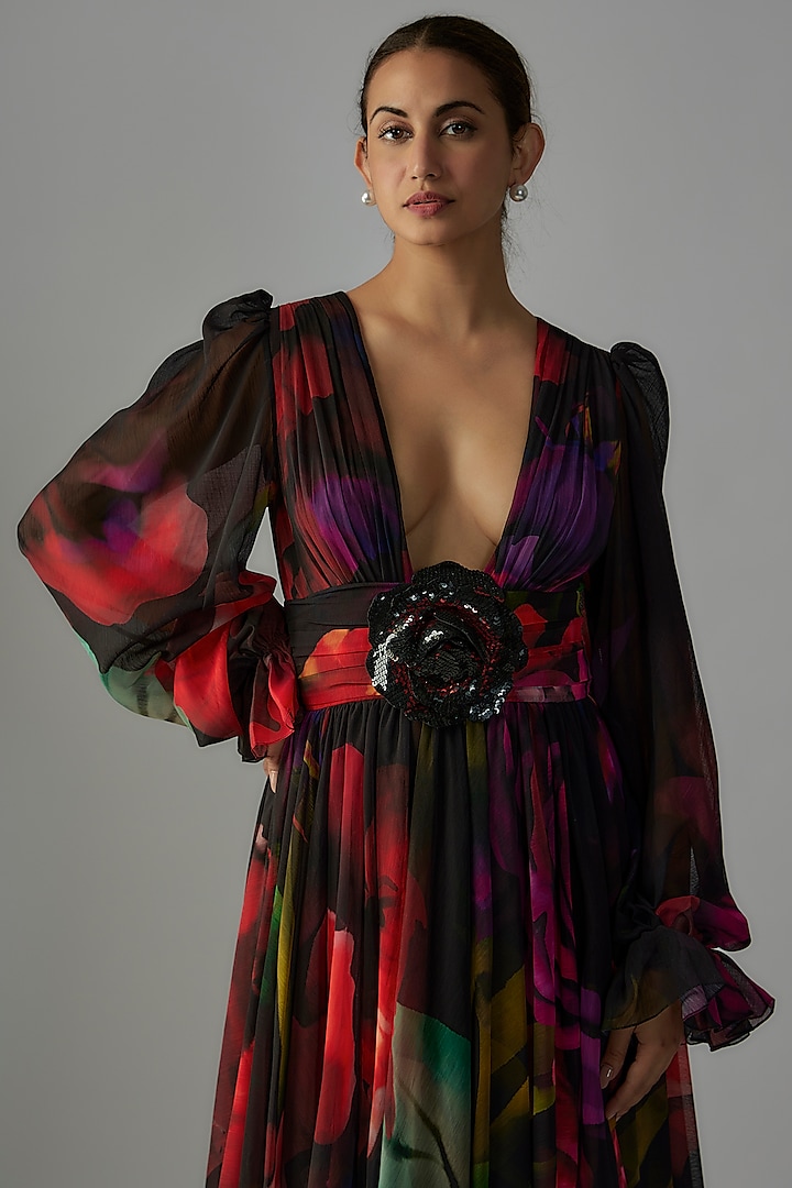 Black Crinkled Chiffon Party Wear Dress by Gauri and Nainika at Pernia's Pop Up Shop