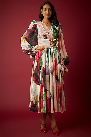 Multi-Colored Crinkled Chiffon Botanical Printed Midi Dress by Gauri And Nainika