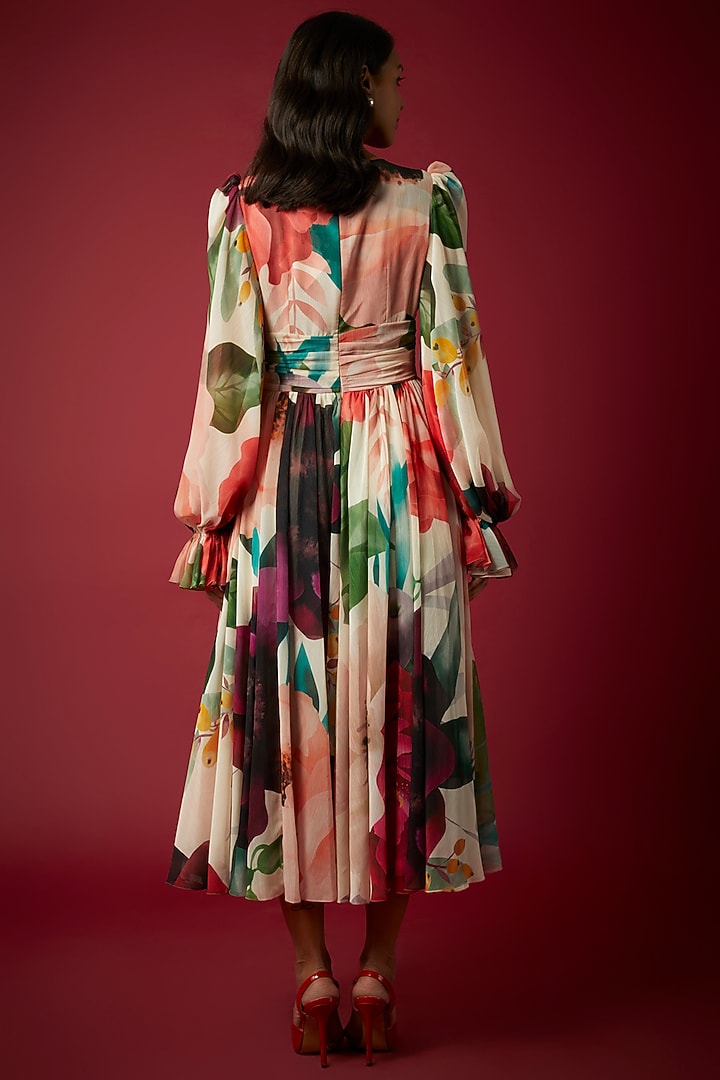 Multi-Colored Crinkled Chiffon Botanical Printed Midi Party Wear Dress by Gauri And Nainika at Pernia's Pop Up Shop