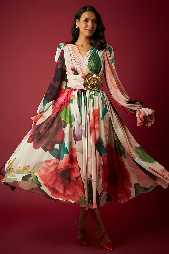 Multi-Colored Crinkled Chiffon Botanical Printed Midi Party Wear Dress by Gauri And Nainika at Pernia's Pop Up Shop