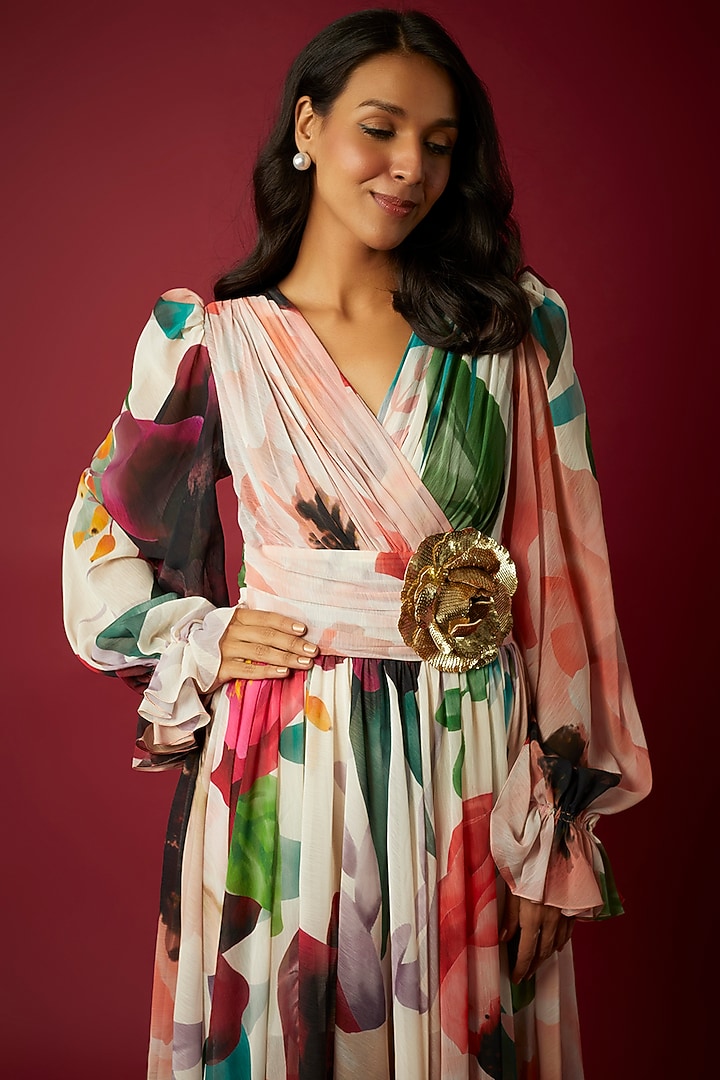 Multi-Colored Crinkled Chiffon Botanical Printed Midi Party Wear Dress by Gauri And Nainika at Pernia's Pop Up Shop