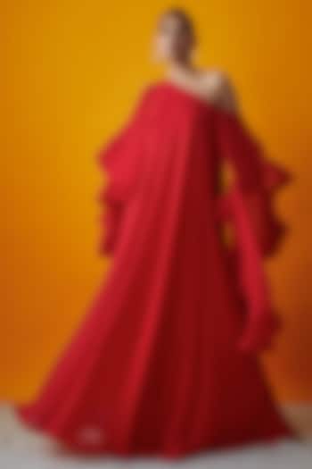 Red Georgette Asymmetric Gown by Gauri And Nainika