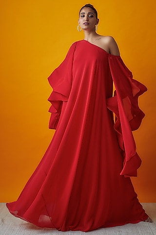 Red Georgette Asymmetric Gown by Gauri And Nainika