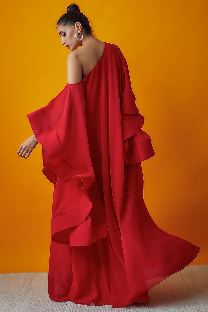 Red Georgette Asymmetric Wedding Gown by Gauri And Nainika at Pernia's Pop Up Shop