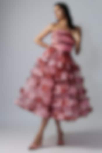 Pink Net Digital Printed Strapless Tube Dress by Gauri and Nainika