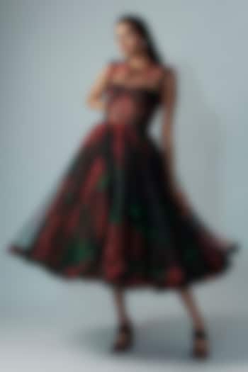 Red Net Digital Printed Corset Midi Dress by Gauri and Nainika