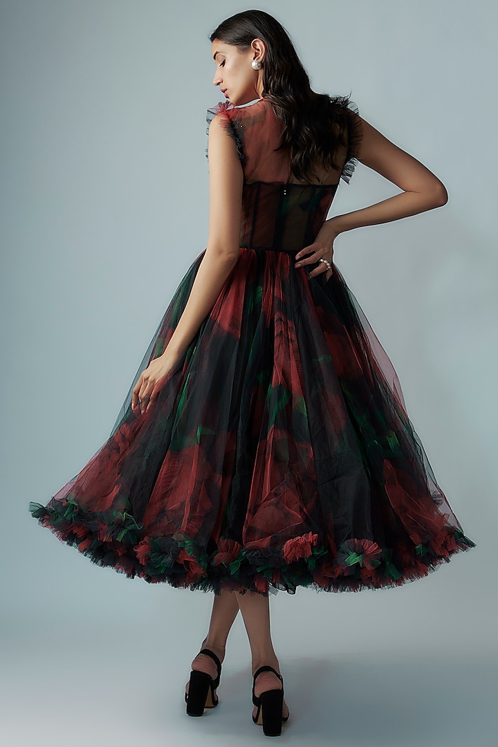 Beautiful Red Net Gown Design Red Net Digital Printed Corset Midi