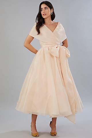 Peach Net Wrap Dress by Gauri And Nainika