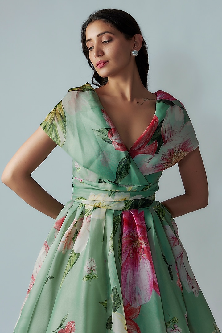Green Organza Digital Printed Party Wear Dress by Gauri and Nainika at Pernia's Pop Up Shop