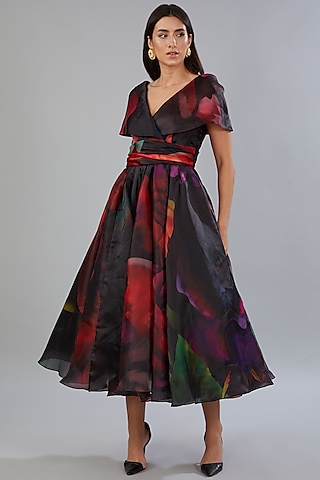 Black Organza Printed Midi Dress by Gauri And Nainika