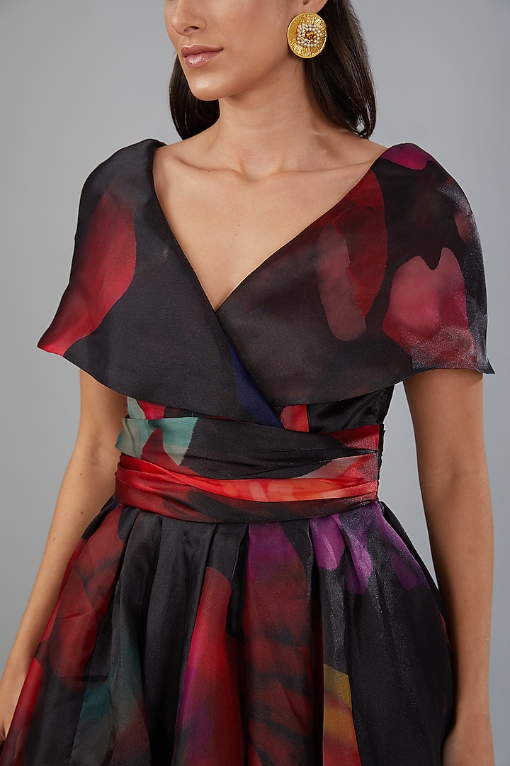 Black Organza Printed Midi Party Wear Dress by Gauri And Nainika at Pernia's Pop Up Shop
