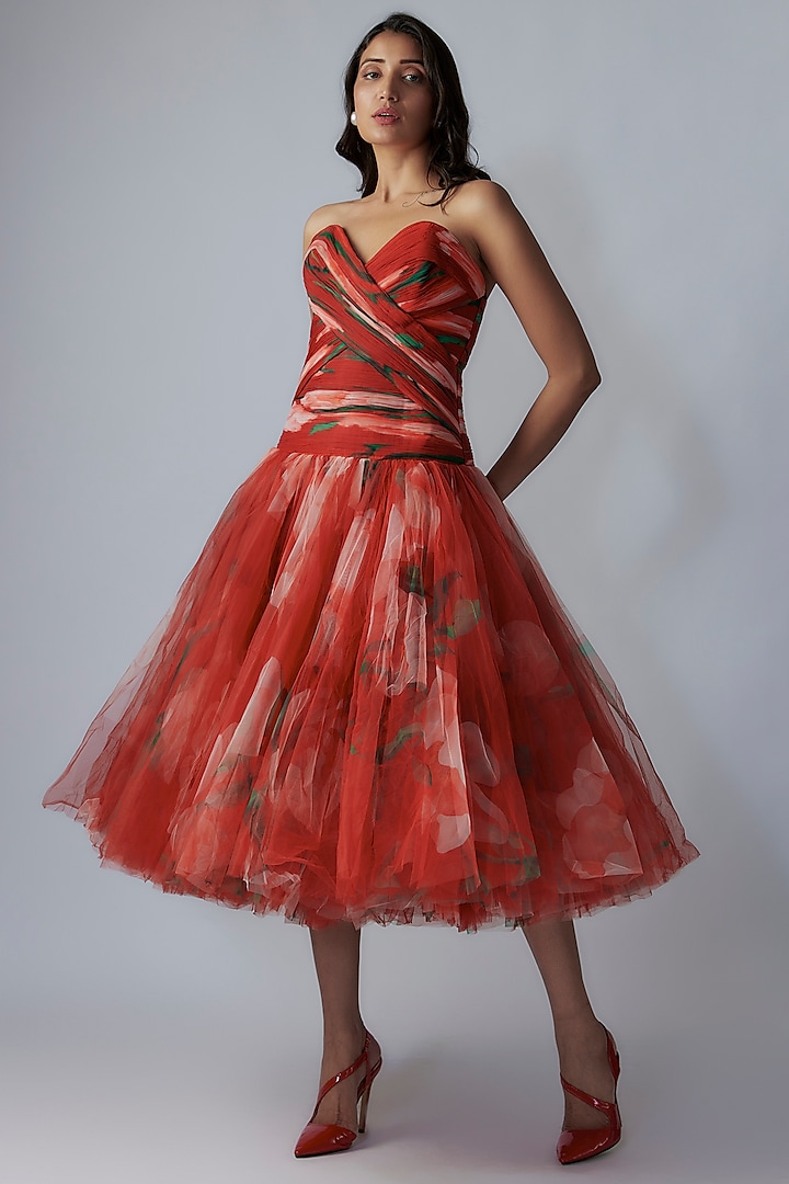 Pink Net Digital Printed Strapless Dress by Gauri and Nainika