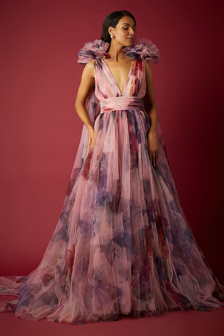 Pink Net Floral Printed Gown by Gauri And Nainika at Pernia's Pop Up Shop