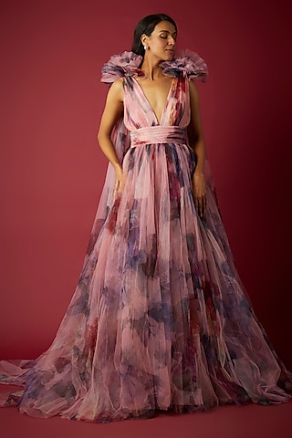 Pink Net Floral Printed Gown by Gauri And Nainika