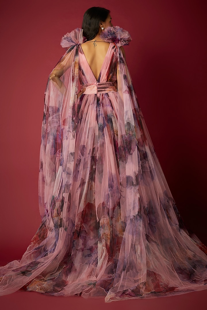 Pink Net Floral Printed Bridal Gown by Gauri And Nainika at Pernia's Pop Up Shop