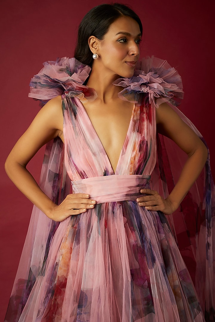 Pink Net Floral Printed Bridal Gown by Gauri And Nainika at Pernia's Pop Up Shop