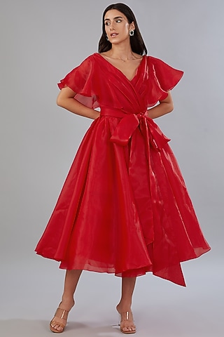 Red Organza Wrap Dress by Gauri And Nainika