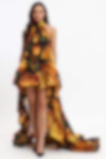 Black & Yellow Pure Chiffon Printed Midi Party Wear Dress by Gauri And Nainika at Pernia's Pop Up Shop