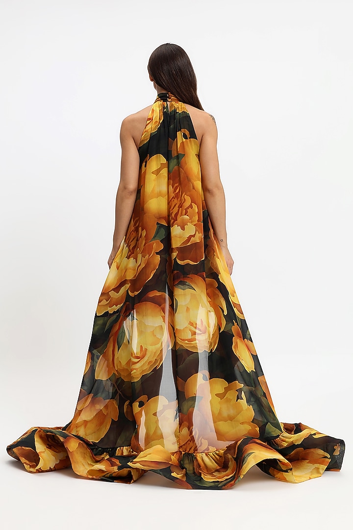 Black & Yellow Pure Chiffon Printed Midi Party Wear Dress by Gauri And Nainika at Pernia's Pop Up Shop