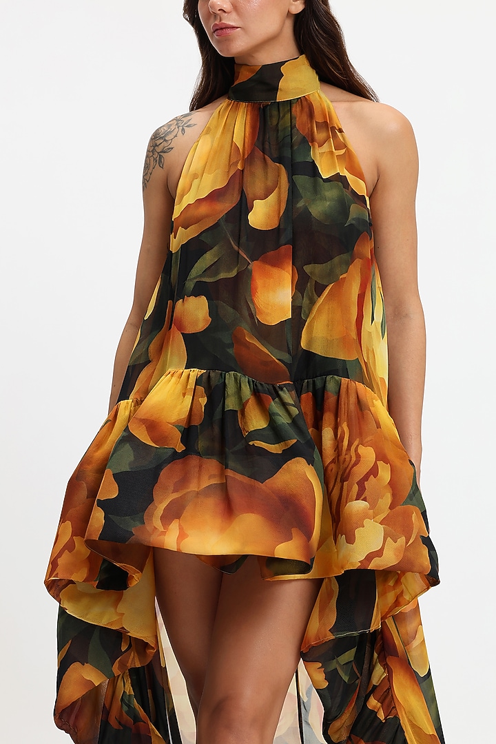 Black & Yellow Pure Chiffon Printed Midi Party Wear Dress by Gauri And Nainika at Pernia's Pop Up Shop