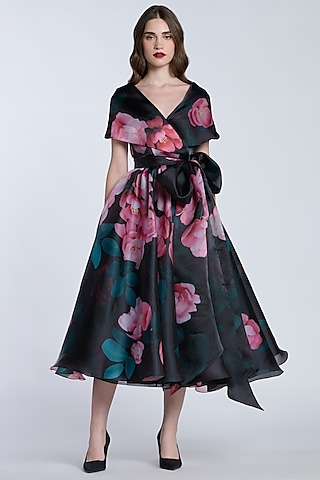Black & Pink Organza Printed Wrap Dress by Gauri and Nainika