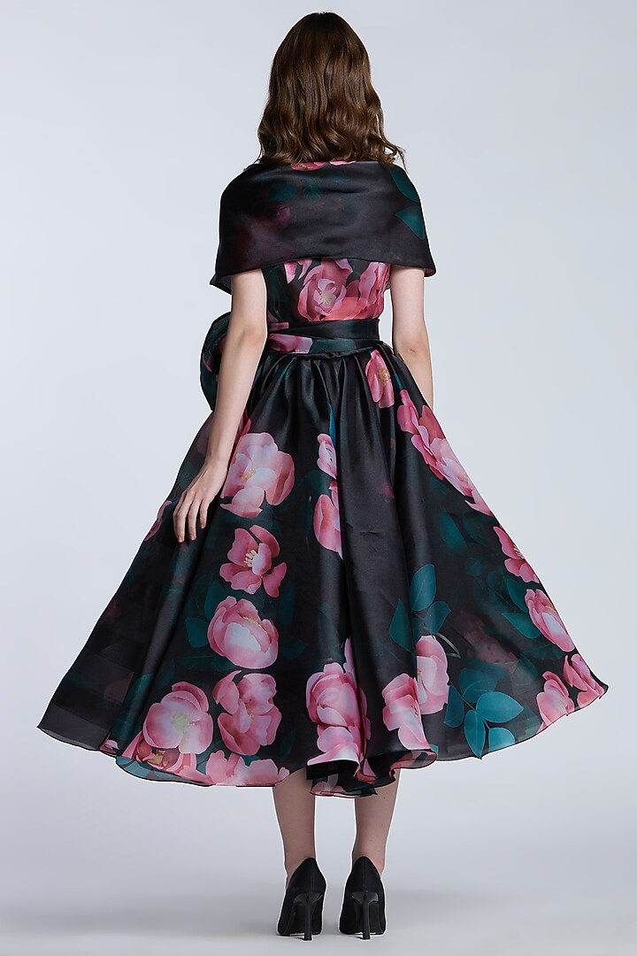Black & Pink Organza Printed Wrap Party Wear Dress by Gauri and Nainika at Pernia's Pop Up Shop